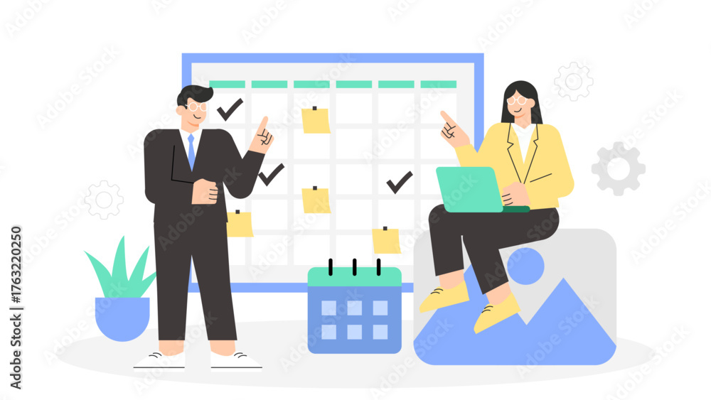 Fototapeta premium Marketing Team Scheduling Social Posts via Automation Tool Flat Vector Illustration