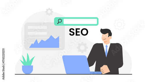 Content Writer Researching Blog Topics Using SEO Tools Flat Vector Illustration