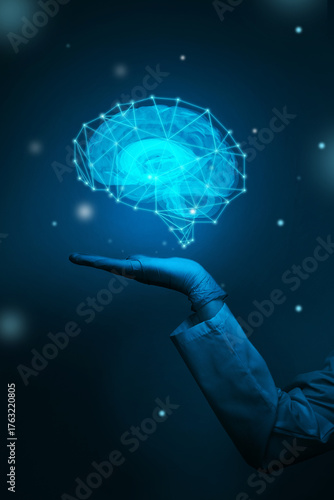 Cuadro en lienzo Futuristic hand holding a glowing blue brain in a dark setting