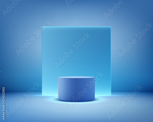 blue 3d futuristic minimal background with glowing light panel and cylinder podium for product display mockup modern stage showroom design concept in vibrant tone
