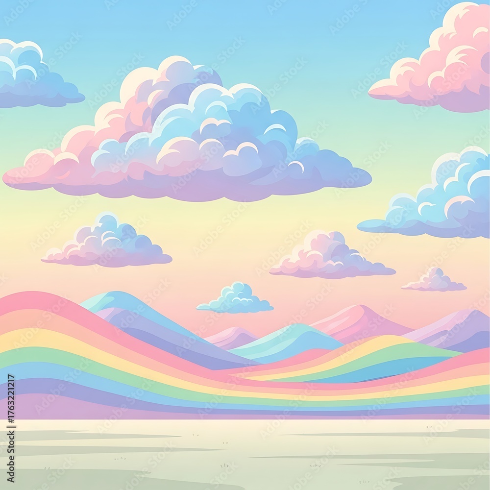 Fototapeta premium Pastel Pixel Art Landscape with Rainbow Hills and Dreamy Clouds.