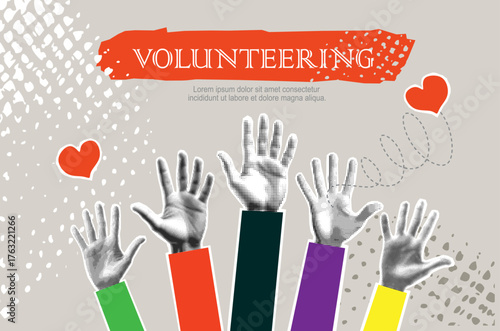 Trendy Halftone Collage with raised hands. Volunteering concept. Paper design elements	