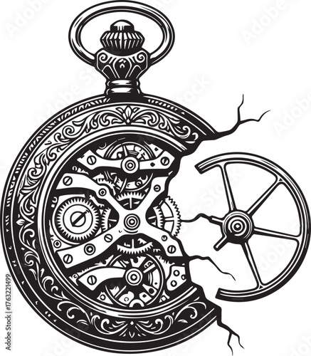 Intricate Steampunk Pocket Watch Design with Detailed Gears and Cracked Exterior, Vector Art