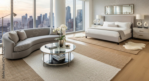 Luxurious modern bedroom and living area with a curved sofa and city skyline view.
