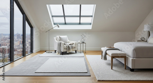 Luxurious modern bedroom and living area with a curved sofa and city skyline view.
