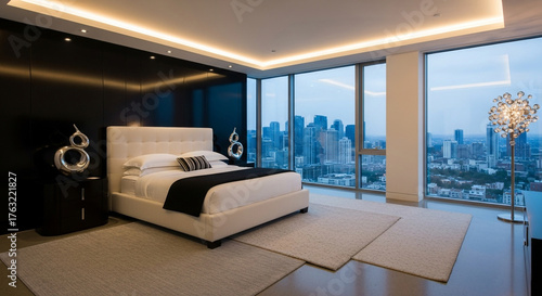 Luxurious modern bedroom and living area with a curved sofa and city skyline view.