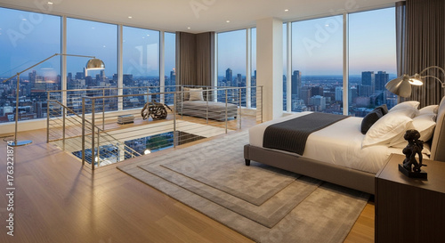 Luxurious modern bedroom and living area with a curved sofa and city skyline view.