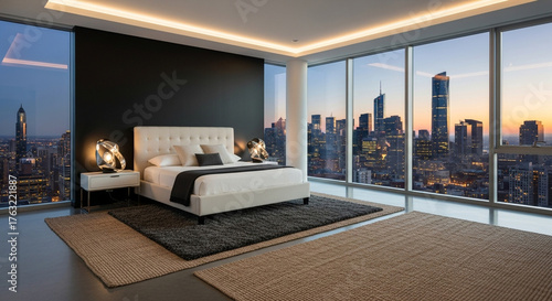 Luxurious modern bedroom and living area with a curved sofa and city skyline view.