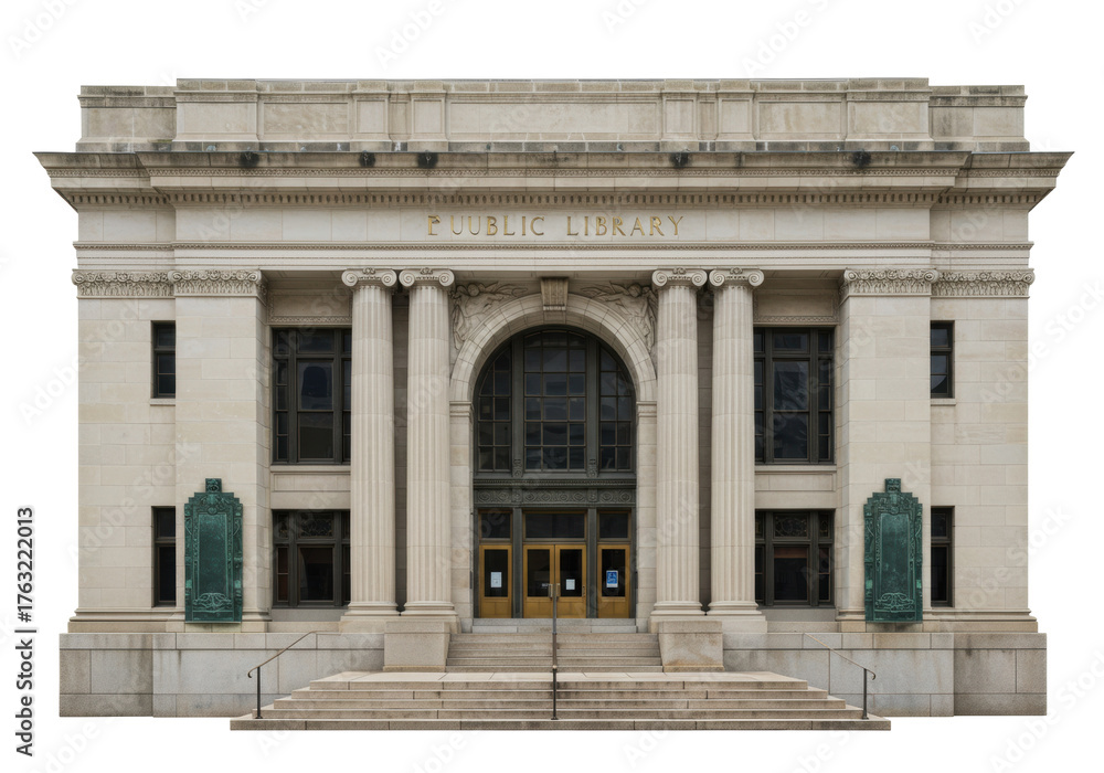Fototapeta premium Isolated Library Building, architecture with arched entryway, educational institution edifice