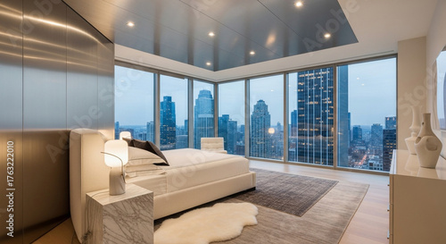 Luxurious modern bedroom and living area with a curved sofa and city skyline view.