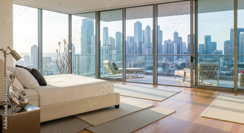 Luxurious modern bedroom and living area with a curved sofa and city skyline view.
