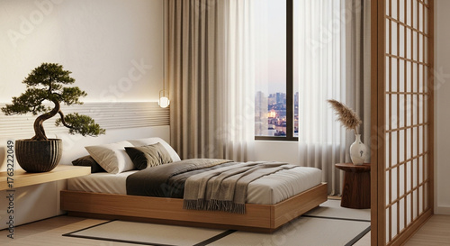 Luxurious modern bedroom and living area with a curved sofa and city skyline view.