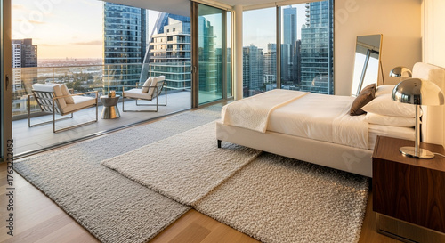 Luxurious modern bedroom and living area with a curved sofa and city skyline view.