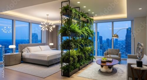 Luxurious modern bedroom and living area with a curved sofa and city skyline view.