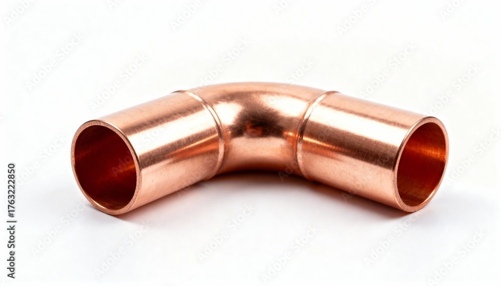 Fototapeta premium Shiny copper elbow pipe fitting on a clean white background