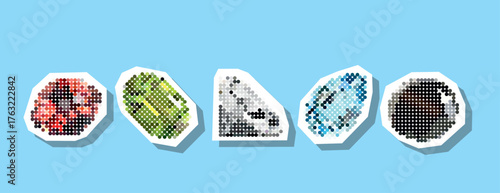set of diamonds of various shapes dotted collage element in torn paper vector with pointillism. 