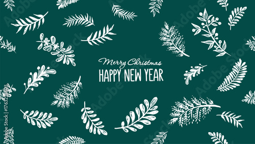 Christmas Branches frame on green, hand drawn, vector.	
