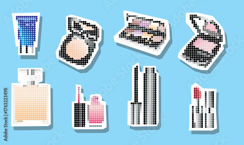 Decorative cosmetics and perfume dotted collage element in torn paper vector with pointillism. 