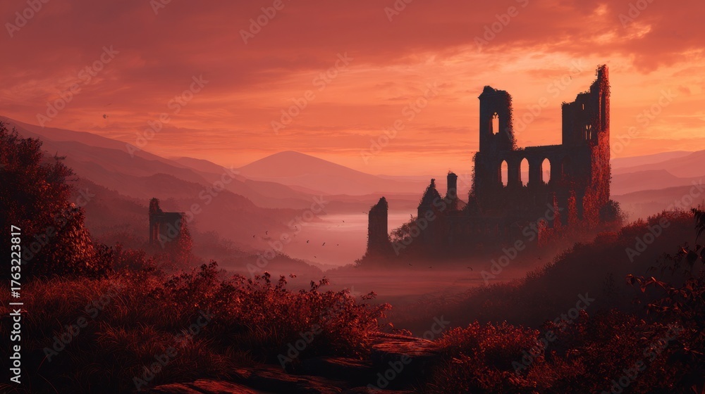 Obraz premium Ruined castle sunrise landscape
