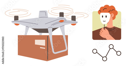 Modern quadcopter carrying package in motion, individual holding theatrical mask, network diagram suggesting technology, anonymity, and connectivity. Ideal for delivery, technology, connectivity