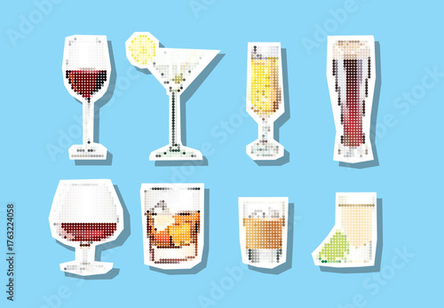 Set of different alcoholic cocktails dotted collage element in torn paper vector with pointillism. 