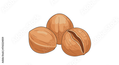 Three whole hazelnuts, one partially cracked, on a white background, showcasing their natural texture and color, ready for consumption or baking.