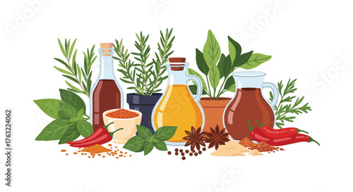 A vibrant collection of cooking ingredients, including fresh herbs, spices, and various oils, arranged artfully on a white background.