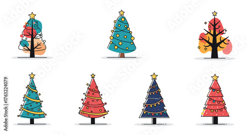 Collection of eight unique and colorful Christmas trees with various decorations.