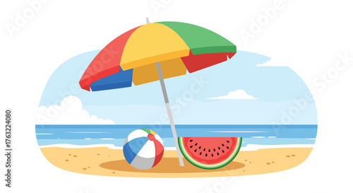 Colorful Beach Umbrella with Watermelon and Beach Ball on a Sunny Shore.