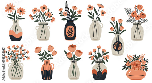 Collection of various colorful flowers in different vases, showcasing a vibrant and diverse floral arrangement.