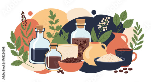 Aesthetic arrangement of coffee beans, oils, and natural elements.