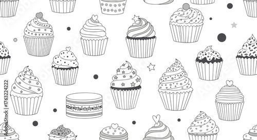 Hand drawn seamless pattern with various cupcakes and macarons on a white background.