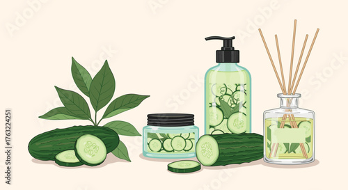Cucumber-infused skincare products and aromatherapy diffuser for natural beauty and relaxation.