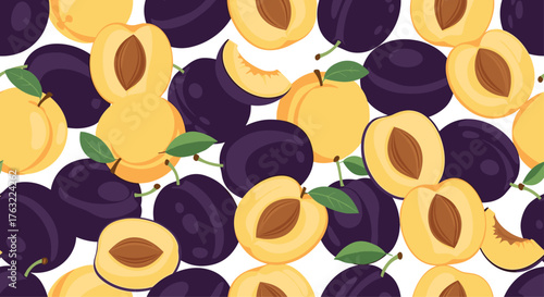 Seamless pattern of fresh ripe plums, both whole and halved, showcasing their vibrant purple and yellow colors.