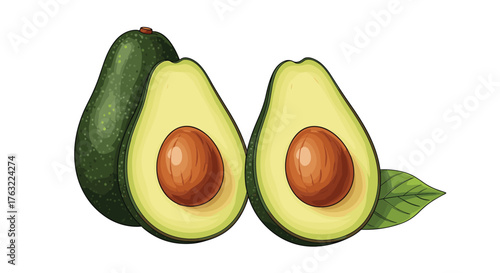 Fresh whole and halved avocados with pits and a leaf, isolated on a white background, showcasing healthy fruit.
