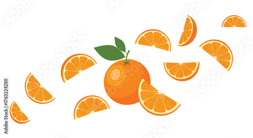 Fresh whole orange with green leaf and many orange slices falling around it.