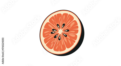 A vibrant, juicy half-slice of a blood orange, showcasing its rich red pulp and dark seeds, isolated on a clean white background.