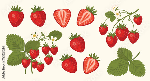 Vibrant collection of fresh strawberries and lush green leaves.