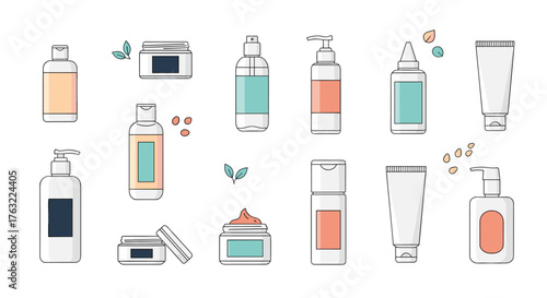 Collection of various cosmetic bottles and jars for skincare and beauty products.