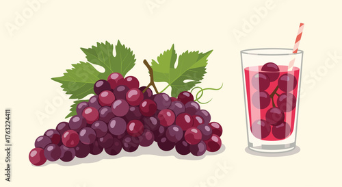 Fresh Red Grapes and Refreshing Grape Juice Glass.