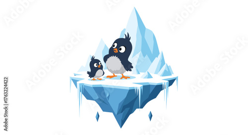 Two adorable cartoon penguins stand on a floating iceberg, looking curious and playful, against a clean white background.