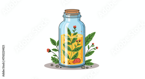 Herbal Infusion in a Glass Bottle with Cork Stopper.