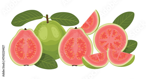 Fresh Guava Fruit Whole and Sliced with Green Leaves.