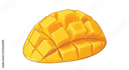 Delicious ripe mango half with diced flesh, ready to eat, vibrant yellow tropical fruit.