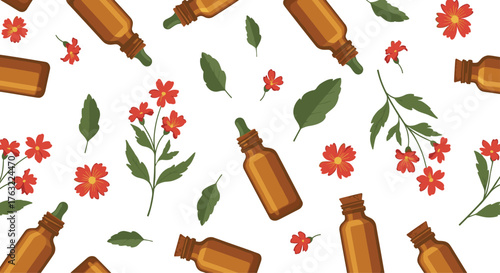Seamless Pattern of Essential Oil Bottles and Botanical Elements.