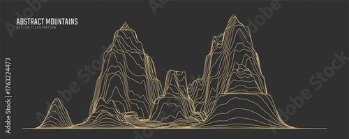 Contour mountain landscape. Waved line art. Abstract minimal topographic map. Contour lines with elevations and terrain depth. Vector illustration.