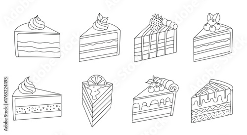 Collection of Hand-Drawn Cake Slices with Various Toppings and Layers.