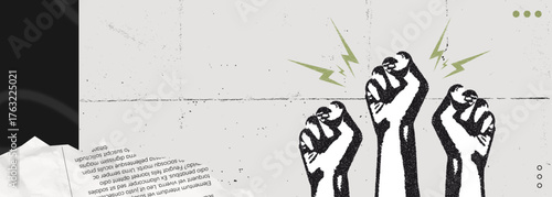 Trendy Halftone Stipple effect Raised Fist up. Demonstration of protest. Fight for your rights. Showing power. American women protesting. Political news. Magazine style. Retro vector illustration art