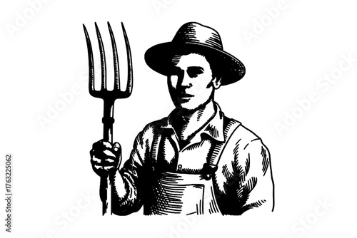 Black and white vector illustration of a farmer wearing a hat and overalls holding a pitchfork, drawn in retro
