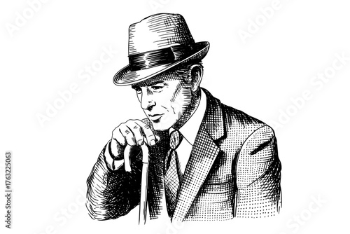 Detailed black and white sketch of a man wearing a suit and fedora hat, holding a cane and appearing thoughtful or reflective in pose.